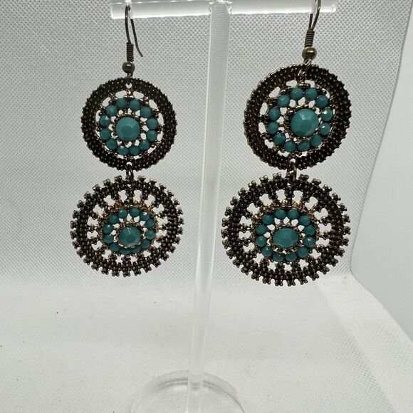 Antique Gold Tone Sunburst Dangle Earrings Faux Turquoise Stones Statement - Picture 2 of 4